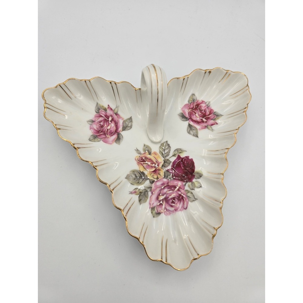 Vintage Hand-Painted Rose Floral Gilt Trim Porcelain Candy‎ Nut Dish Tray Handle